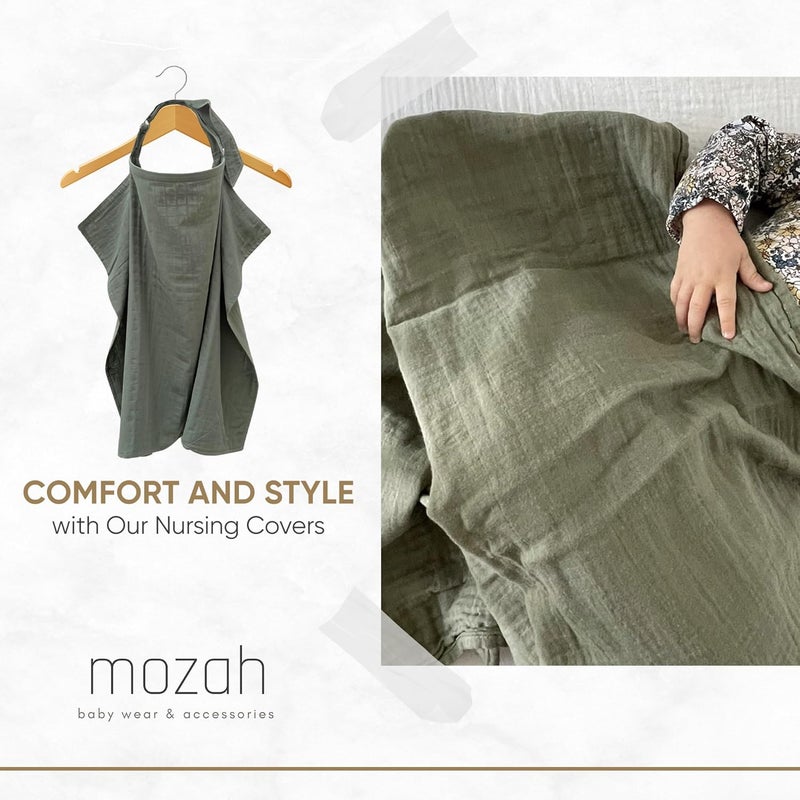 MOZAH غطاء رضاعة من القطن العضوي 100% للأطفال، غطاء رضاعة قطن 100% قابل للتنفس مع حلقة صلبة لمريلة الأم، غطاء مقعد السيارة متعدد الاستخدامات (أخضر روماني) - Image 2